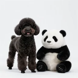 a photo of a black poodle dog next to a panda,