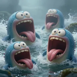 of a sinuous stormy ocean with large strange happy creatures with big mouth, long tongue, and square teeth appearing from the hazy waters, in the style of antonio berni, macro lens, shallow depth of field, highly detailed, digital painting, trending artstation, concept art, illustration, cinematic lighting, vibrant colors, photorealism, epic, octane render