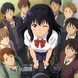 anime cell shaded, anime!!! tanned!!! girl wearing school outfit looking down towards camera, winking at camera from the top, looking towards the camera, standing on top of the camera looking down, wlop, ilya kuvshinov, artgerm, krenz cushart, greg rutkowski, hiroaki samura, range murata, james jean,