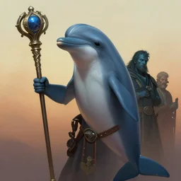 full character potrait of dolphin beast person holding a ceremonial staff, zdzislaw beksinski, lewis jones, dariusz zawadzki, wayne barlow, warhammer fantasy, cold hue's, warm tone gradient background, concept art, 4 k, ultra - high - definition