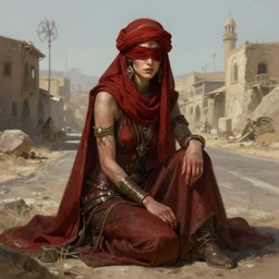 a full body portrait of a beautiful post apocalyptic offworld criminal district bedouin blind pulp fiction scarlet wild rogue barbarian leper begging by the roadside, intricate, elegant, highly detailed, digital painting, artstation, concept art, smooth, sharp focus, illustration, art by krenz cushart and artem demura and alphonse mucha