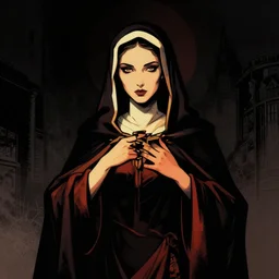 cell shaded, portrait of a woman magician performer, holy mary, dark background, dramatic bold lighting, solid colors and blacks, thick lines, dark shadows, sharp edges, artstation, photoshop, trending, grunge, high contrast, comic, graphic novel, dark background, digital 2 d, artstation, marcin sobon, city of mist