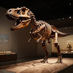 hyperrealistic detailed photo of a fossilized tyrannosaurus skeleton, 8 k, located inside of a museum, ambient dim lighting, ultra detailed,