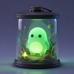 glowing terrarium with cute green monster inside digital art scary gothic mysterious