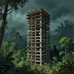 a beautiful very detailed illustration of nature abandoned industrial architecture unfinished building urbex skyscraper building by peter doig, rainforest at night, archdaily, wallpaper, highly detailed, trending on artstation.