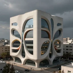 architectural photograph of a cubic high tech solarpunk building with smooth organic curved flowing sci - fi streamlined cuts on the facade, off white with colorful cuts designed by selgascano, standing out within a grey urban area in background