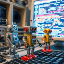 tin - toy robots inside a computer room