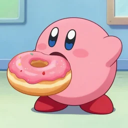 kirby eating a donut larger than he is