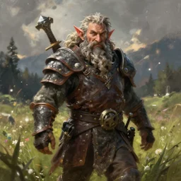 A fantasy portrait painting of a male dwarf wearing leather armor on a beautiful meadow, DAZ, hyperrealistic, ambient light, dynamic light, trending on artstation, d&d, RPG portrait