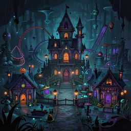 screenshot for a dark cartoon that takes place on a horror based suburban underwater amusement park that incorporates darker halloween and ocean elements in its design imagery and features intricate housing based on old vampiric manors, halloween decorations, atlantis, shipwrecks, spooky, amusement park attractions, deep sea, horror themed, fun, in the style of stephen silver and tim burton