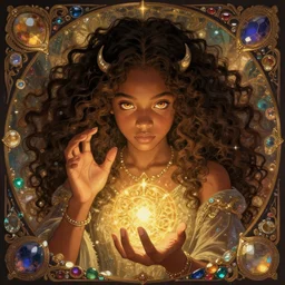 [ hazel levesque ] a dark skinned fourteen year old black girl with curly brown hair and amber eyes, a powerful sorceress using her magic, surrounded by jewels, adorable yet incredibly powerful and awe inspiring, art by artgerm and greg rutkowski and alphonse mucha