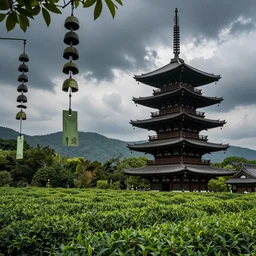 pagoda, wind chimes, green tea