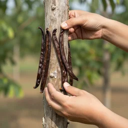 golumn picking up carob fruits