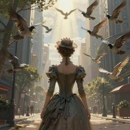 portrait of a faceless victorian lady surrounded by flying birds in a futuristic city, from behind, streets, angels in the sky, sunlight and rays of light shining through trees, tall buildings on the sides, beautiful, solarpunk!!!, highly detailed, digital painting