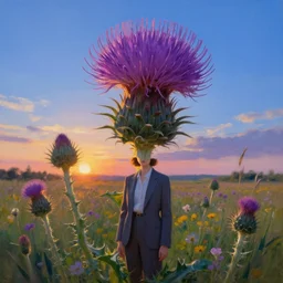 giant thistle flower as head, a girl in suit in field of flowers, surreal photography, sunrise, blue sky, dramatic light, impressionist painting, digital painting, artstation, simon stalenhag