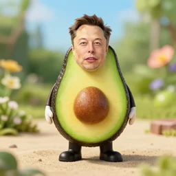8 5 mm photography of elon musk!! dressed as an avocado!! near a garden with sand with dof and bokeh and flowers