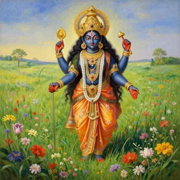 hindu goddess kaali in distance looking at you in beautiful meadow of flower, detailed painting by rene magritte