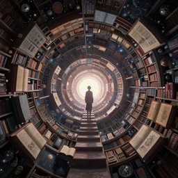 staring up infite climbing celestial library spiraling towards light, books, spirals, escher, dark souls, bloodborne fantastical, magical library, gradient, fantasy, trending artstation, fractals, ornate, matte painting