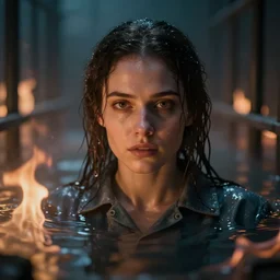 an ultra realistic, cinematic, fantasy, portrait, of a woman, face in water, fire, dramatic, soft light, dreamy, facial features, stood in a cell, with prison clothing, detailed, deep focus, movie still, dramatic lighting, ray tracing, by michal karcz and yoshitaka
