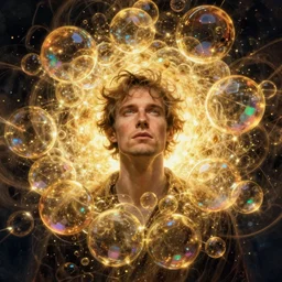 swarm of iridescent golden bubbles surrounding a man, by greg rutkowski