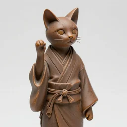 elegant thin anthropomorphic cat figurine wearing a kimono, hand carved brown resin, kimono robe detailed toggles, very highly detailed, petite, exquisite details, intricate, monotone, shy looking away waving one paw head turned slightly
