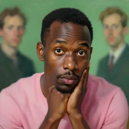 portrait of a ebony man who stares intently, very thoughtful, yet playful, but he can't do it, because he's not sugary, highly detailed oil painting, by francis bacon, edward hopper, adrian ghenie, glenn brown, soft light 4 k, pink and green colour palette, cinematic composition, cinematic lighting, high quality octane render, masterpiece