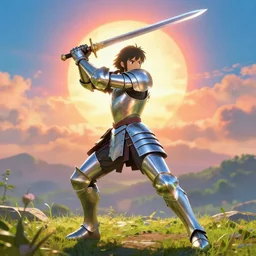a ultra detail picture portrait of A warrior in shimmering armor, the sun at their back, strides forward with sword held high. They are the embodiment of courage and strength, and they are ready to fight for what is right. vivid tones, wide angle, by miyazaki, nausicaa ghibli, breath of the wild, 8k, photorealistic,