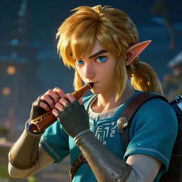 cinematic shot of an epic portrait of link from zelda playing hes ocarina, shiny skin, beautiful eyes, beautiful, small details, night setting, realistic poster with volumetric light from craig mallism, artgerm, jeremy lipkin and michael garmash, unreal engine, radiant light, detailed and complex environment, digital art, trends at art station, a masterpiece
