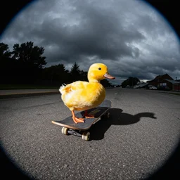 skateboarding ducks, asphalt, fish eye lens, hip hop, urban, realistic, picture, full focus