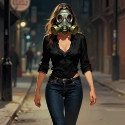 a powerful female character, who wears a black open shirt and jeans. her face is covered in a gas mask. she is walking down the street at night. artwork by boris vallejo.