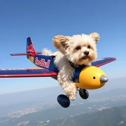 a cream-colored havanese dog flying a racing plane sponsored by Red Bull, gopro photo, 4k