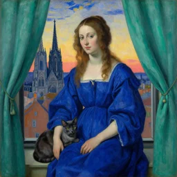 portrait of woman in night gown with cat, with city with gothic cathedral seen from a window frame with curtains. sunset. lapis - lazuli, malacchite, turquoise, indigo. lucas cranach, bonnard, henri de toulouse - lautrec, utamaro, matisse, monet