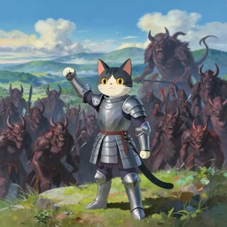 stunning painting of a landscape behind an anthropomorphic cat in plate armor commanding an army of demons, award winning digital art by Makoto Shinkai