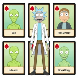 rick and morty playing cards with aliens, ultra detailed fantasy, dndbeyond, bright, colourful, realistic, dnd character portrait, full body, pathfinder, pinterest, art by ralph horsley, dnd, rpg, lotr game design fanart by concept art, behance hd, artstation, deviantart, hdr render in unreal engine