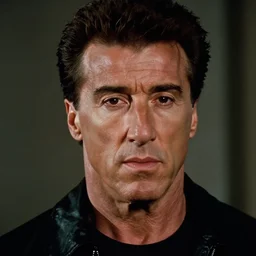 sylvester stallone as the terminator from the terminator movie, dramatic film still, close - up, details, sigma 8 5 mm
