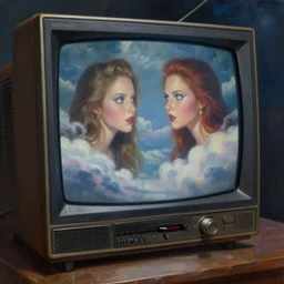 a photorealistic highly detailed painting of a vintage 1 9 5 0's crt monitor looking at his reflection in heaven by johfra bosschart, lisa frank, kinkade, visionary art, dark fantasy art, high detail, trending on artstation