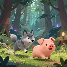 a cartoonish wolf is pursuing a running cartoonish cute anthropomorphic pig in a mystical forest full of wonders, pine trees, magical atmosphere, trending on artstation, 30mm, by Noah Bradley trending on ArtStation, deviantart, high detail, stylized portrait H 704