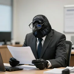 photo of a crow in a suit and glasses, reading a document at a desk in an office. Highly detailed 8k. Intricate. Sony a7r iv 55mm. Award winning.