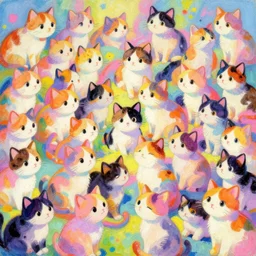A CROWD OF CALICO CATS vintage 90\'s anime mixed with pastel impasto highly rhythmic SO MANY CALICO CATS expressionistic wild anime pleasing palette INTERLOCKING CALICO CATS trending on artstation super fluffy funhouse surreal unpredictable wild SLINKING PACK OF CALICO CATS unexplainable fantasy land you could not have dreamed of TOO MANY CATS