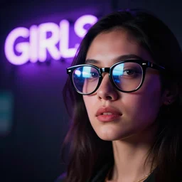 A portrait photography of a woman wearing reflective black glasses. In the background there is a purple neon sign that says GIRLS. Neo noir style. High quality. Cinematic. Extreme Swirly bokeh. Cinestill 800T film. Depth of field. Lens flare. Detailed.