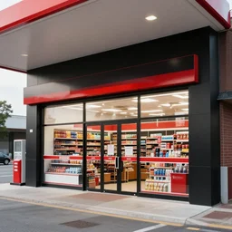 Shopfront of a petrol station convenience store in black and red colours, award winning architectural design, best of retail