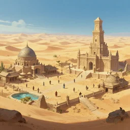low angle wide shot, the elder scrolls vi hammerfell, hamlets, marketsquare, desert mesa, oasis, sand dunes, ruined temple, illustration, rim light, top light, perfectly shaded, soft painting, art by krenz cushart and wenjun lin
