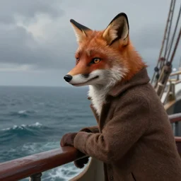 Mister fox watching the sea on a ship, dressed in a heavy coat, pensive, digital painting, artstation, concept art, Sergey Kolesov , Breathtaking, 8k resolution, extremely detailed, beautiful, establishing shot, artistic, hyperrealistic, octane render, cinematic lighting, dramatic lighting, masterpiece, light brazen, extremely detailed and beautiful face