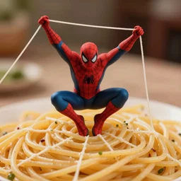 spider - man swinging on a web made of spaghetti, 4 k realistic photo