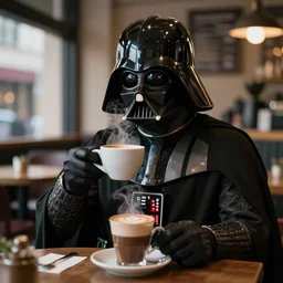 Darth Vader chilling in a coffee shop sipping on his hot steaming coffee, hyperdetailed, artstation, cgsociety, 8k