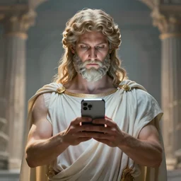 an Ancient Greek god using an iPhone, epic, art, hyper detailed, cinematic, ethereal
