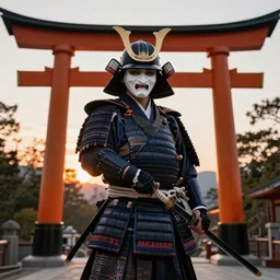 a godlike and indomitable masked and helmeted samurai posing with their katana before a Torii gate with pride, the rising sun in the background. Photo realistic. Award winning
