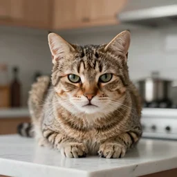 Cat looking extremely disappointed with their mouth very sad, on kitchen table, 40nm lens, shallow depth of field, split lighting, 4k,