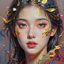 face closeup of beautifull girl in intricate detailed color smashing fluid oilpaint, 3 d render, hyper realistic detailed portrait, gold leaves, by ruan jia