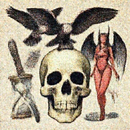 dmt skull + vulture + knife + hourglass + fish with wings + bikini girl + demon
